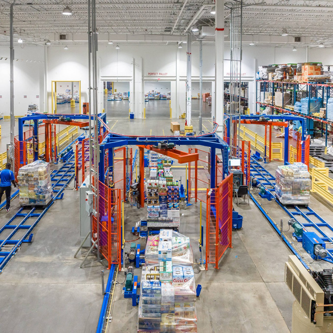 Birds eye view of cases of beer in wine in a warehouse